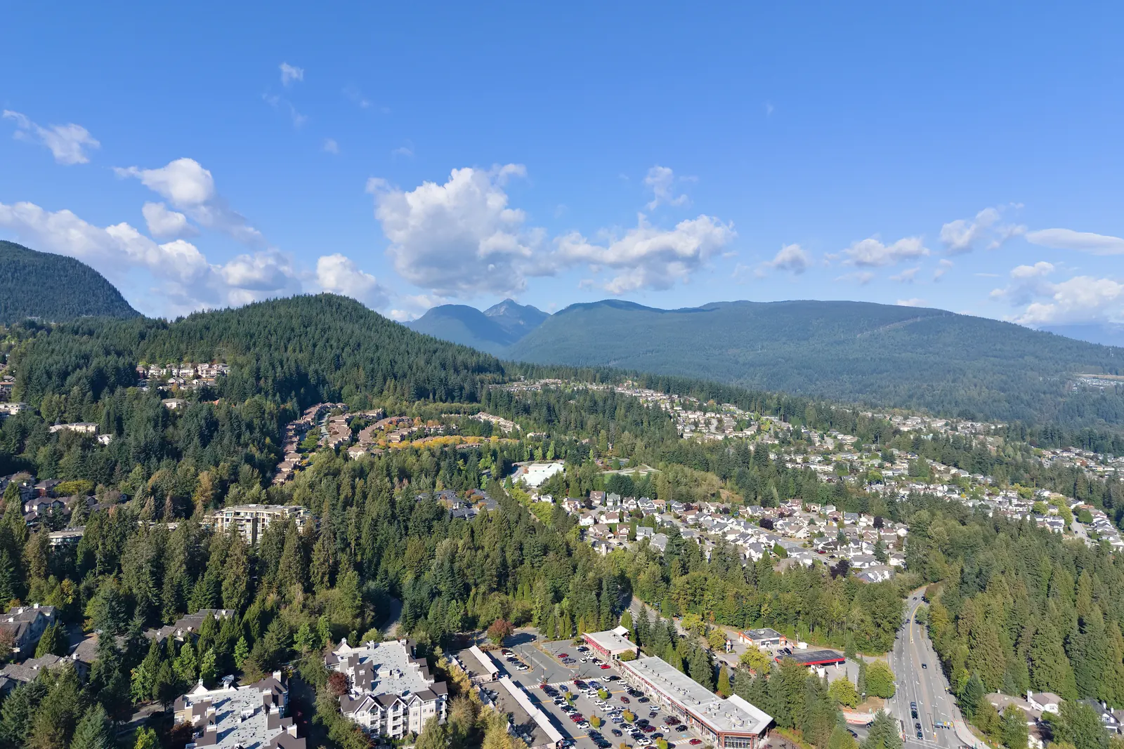 Forested hillside neighbourhoods below a ridge and mountains, with scattered white clouds